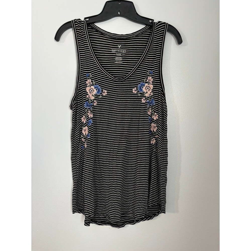 American Eagle Soft & Sexy Black & White Striped Floral Tank Top size small